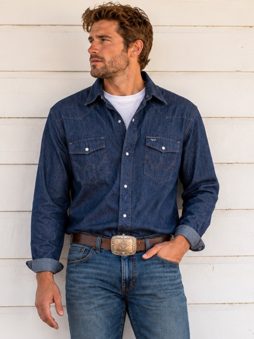 Wrangler Western Pearl Snap Denim Shirt XL Tall 16.5x37 Cowboy Ranch Workwear